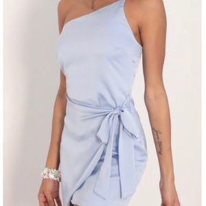 satin wrap light blue dress